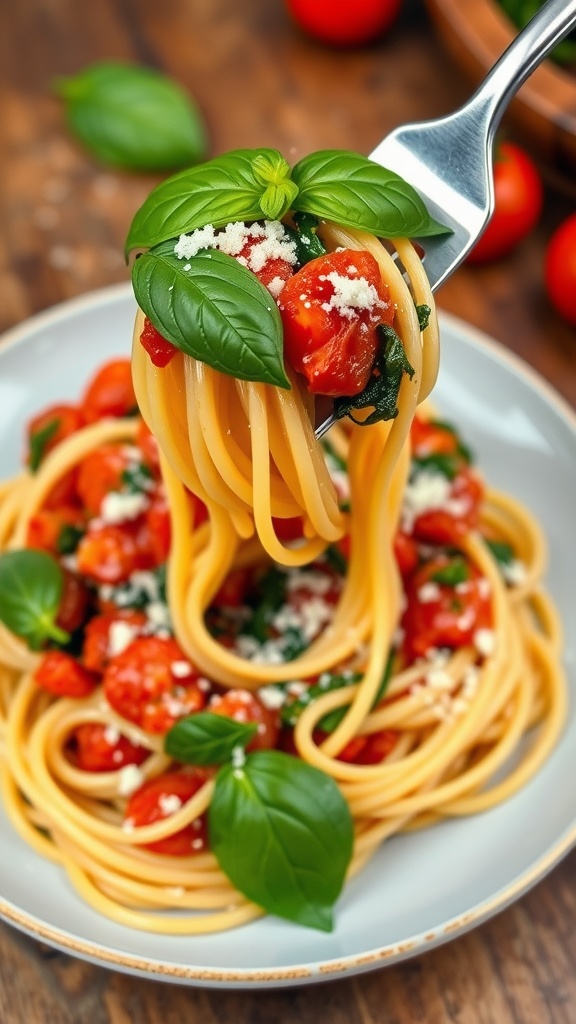 Spaghetti with spinach and tomato sauce garnished with basil and Parmesan cheese.